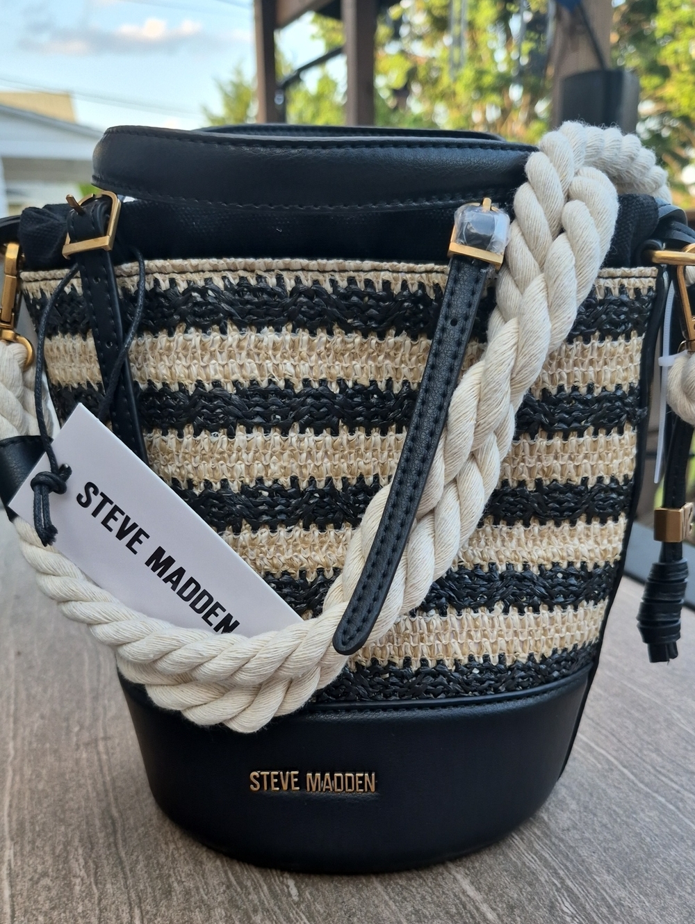 Steve Madden Black and Natural Striped Rope-Handle Bucket Bag